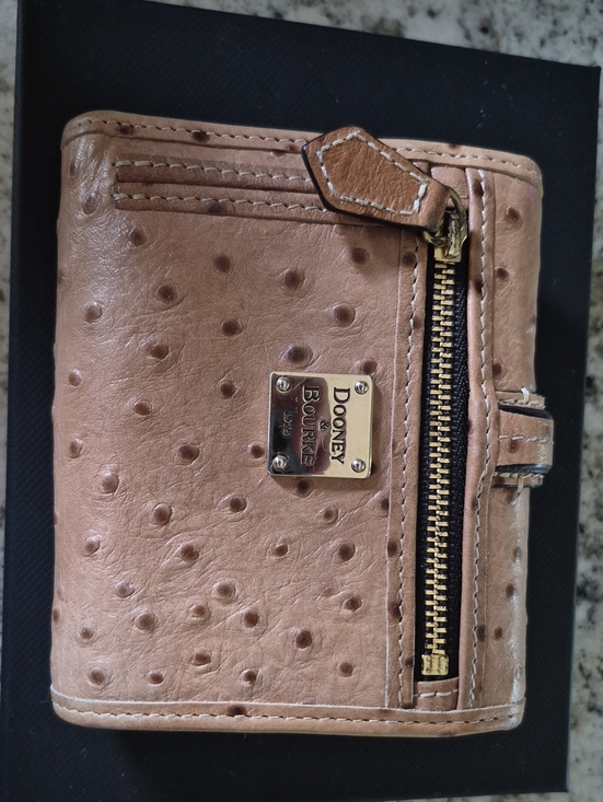Dooney & Bourke Handbags - Dooney & Bourke Tan Ostrich-Embossed Leather Wallet with Gold Hardware